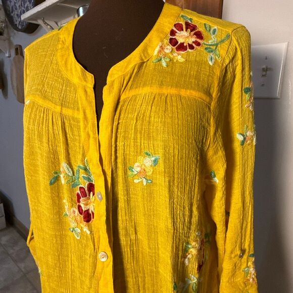 Fig and flower Anthropologie button up gauzy shirt size 2XL yellow embroidered f - Picture 2 of 11